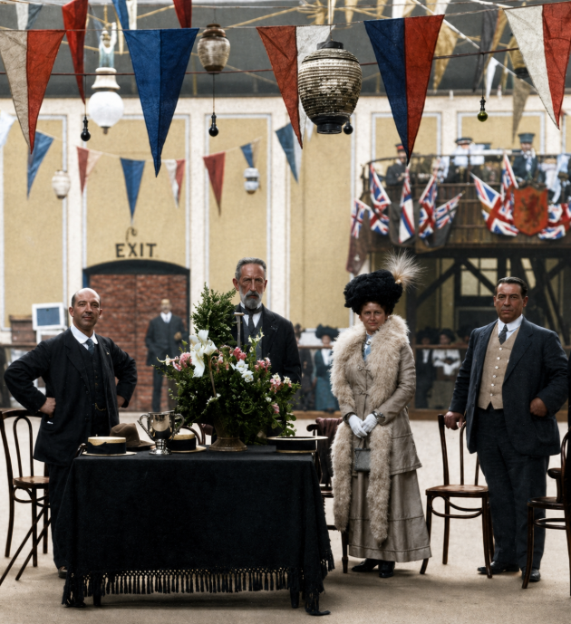Alfred Hewitt Smith at an unidentified entertainment or exhibition event, colourised photograph